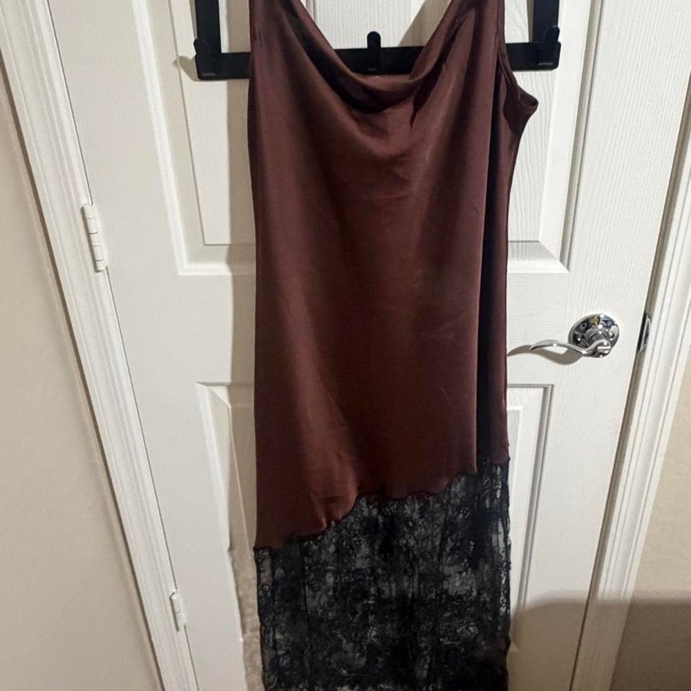 Brown Satin Slip Dress Black Lace Trim Cowl Neck Midi XL Lyg-150-cdw-b-13